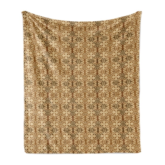 Vintage Soft Flannel Fleece Throw Blanket, Baroque Style Inspired Geometric Oval Form with Bulky Plants Dots, Cozy Plush for Indoor and Outdoor Use, 50" x 70", Caramel and Beige, by Ambesonne