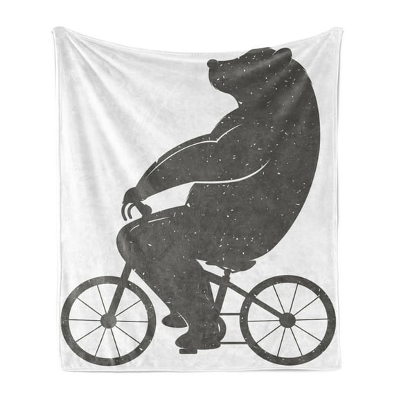 Vintage Soft Flannel Fleece Throw Blanket, Bear on a Bike Humor Parody Modern Funny Cycling Hipster Artwork Print, Cozy Plush for Indoor and Outdoor Use, 50" x 70", Grey, by Ambesonne