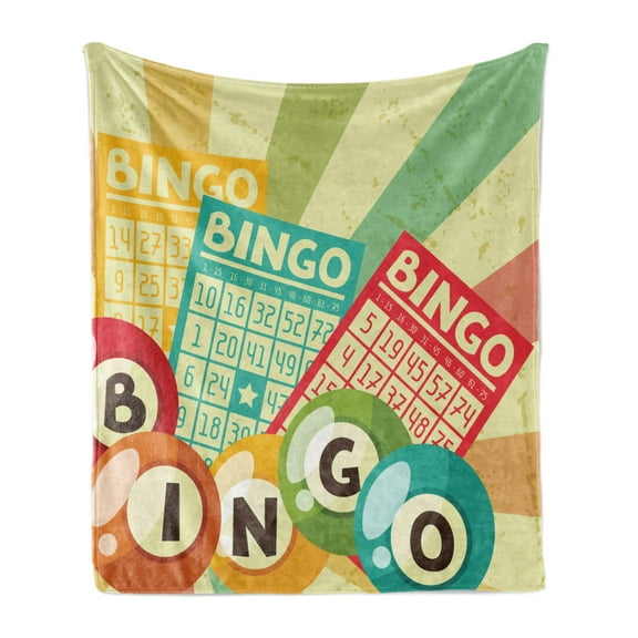Vintage Soft Flannel Fleece Throw Blanket, Bingo Game with Ball and Cards Pop Art Lottery Hobby Celebration Theme, Cozy Plush for Indoor and Outdoor Use, 50" x 70", Multicolor, by Ambesonne