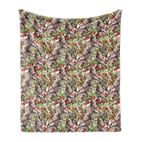 Vintage Soft Flannel Fleece Throw Blanket, Birds is Sitting on a Branch Flowers Smoothly Pattern of Illustration, Cozy Plush for Indoor and Outdoor Use, 70" x 90", Multicolor, by Ambesonne