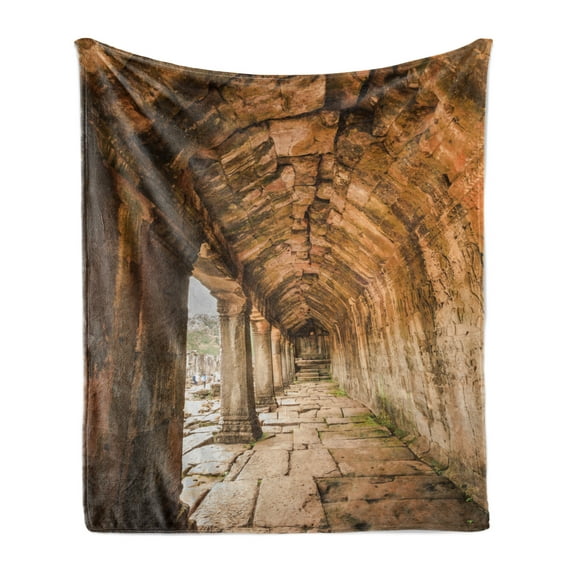 Vintage Soft Flannel Fleece Throw Blanket, Building Corridor with Wall in Angkor Thom in Siem Reap Cambodia, Cozy Plush for Indoor and Outdoor Use, 50" x 60", Beige, by Ambesonne