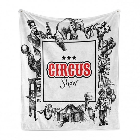 Vintage Soft Flannel Fleece Throw Blanket, Circus Show Logo with Magician Creepy Tricks Performance Sketchy Artwork, Cozy Plush for Indoor and Outdoor Use, 50" x 70", Orange Black, by Ambesonne