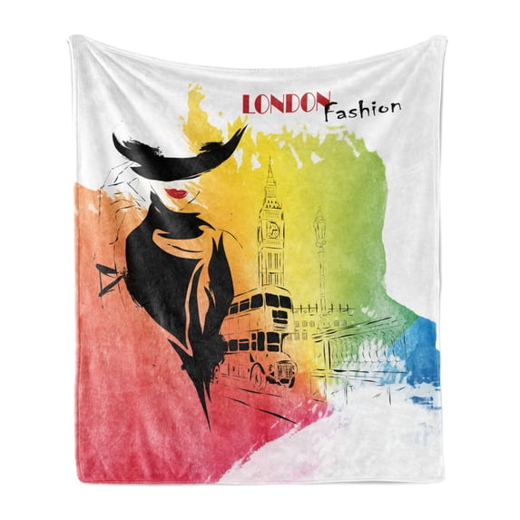 Vintage Soft Flannel Fleece Throw Blanket, Classy and Royal Woman with Hat Sixties Retro London Streets United Kingdom, Cozy Plush for Indoor and Outdoor Use, 50" x 70", Multicolor, by Ambesonne
