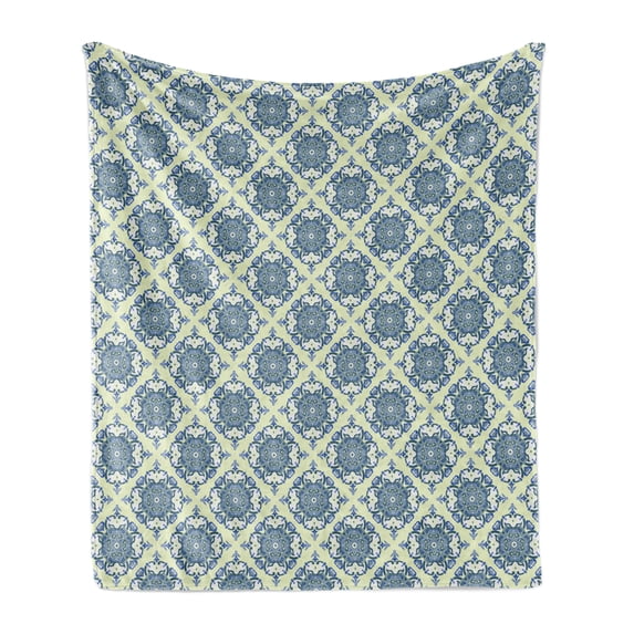Vintage Soft Flannel Fleece Throw Blanket, Curvy Repeating Floral Motifs in Squares Mandala Style Pattern, Cozy Plush for Indoor and Outdoor Use, 50" x 60", Reseda Green Baby Blue, by Ambesonne
