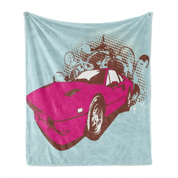 Vintage Soft Flannel Fleece Throw Blanket, Custom Collector's Old Car Grunge Background Cartoon Like Funky Art, Cozy Plush for Indoor and Outdoor Use, 50" x 70", Baby Blue Hot Pink, by Ambesonne