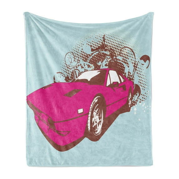 Vintage Soft Flannel Fleece Throw Blanket, Custom Collector's Old Car Grunge Background Cartoon Like Funky Art, Cozy Plush for Indoor and Outdoor Use, 60" x 80", Baby Blue Hot Pink, by Ambesonne