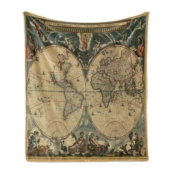 Vintage Soft Flannel Fleece Throw Blanket, Dated Old Map of World Historic Geography Theme Antique Grungy Design Print, Cozy Plush for Indoor and Outdoor Use, 60" x 80", Multicolor, by Ambesonne