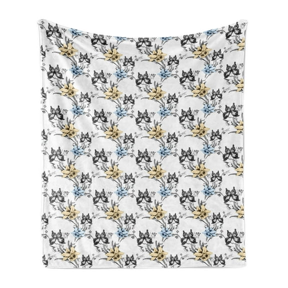 Vintage Soft Flannel Fleece Throw Blanket, Detailed Sketchy of Snapdragon Flower and Butterflies, Cozy Plush for Indoor and Outdoor Use, 50" x 70", Multicolor, by Ambesonne