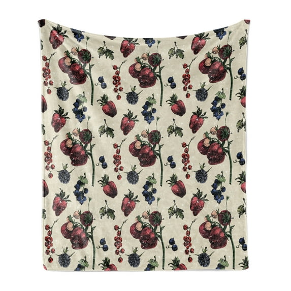 Vintage Soft Flannel Fleece Throw Blanket, Drawing of Berry Fruits Tasty Vegetarian Food Organic Eating Garden Theme, Cozy Plush for Indoor and Outdoor Use, 70" x 90", Multicolor, by Ambesonne