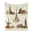 thumbnail image 1 of Vintage Soft Flannel Fleece Throw Blanket, European Landmark Traveller Tourist Cities Italy France Spain Sketchy Image, Cozy Plush for Indoor and Outdoor Use, 50" x 60", Brown and Cream, by Ambesonne, 1 of 6