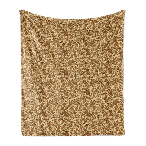 Vintage Soft Flannel Fleece Throw Blanket, Faded Watercolor Effect Print with Arts and Crafts Inspired Curled Leaves, Cozy Plush for Indoor and Outdoor Use, 60" x 80", Caramel and Beige, by Ambesonne