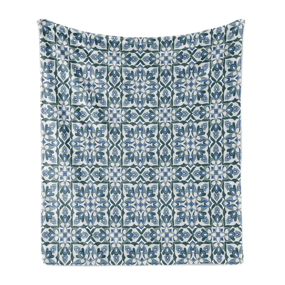 Vintage Soft Flannel Fleece Throw Blanket, Floral Motifs Hand Tile Antique European Pattern, Cozy Plush for Indoor and Outdoor Use, 50" x 70", Reseda Green Grey Blue, by Ambesonne