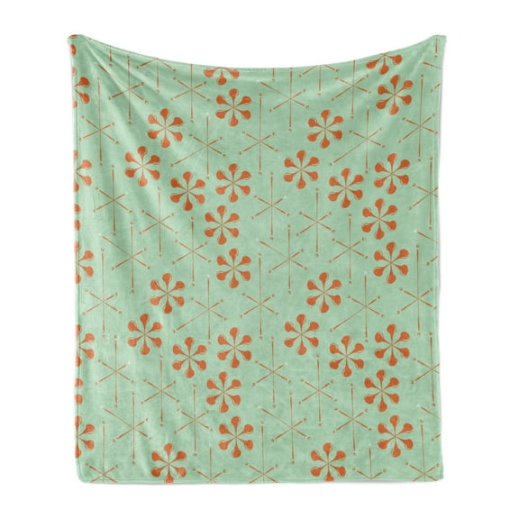 Vintage Soft Flannel Fleece Throw Blanket, Floral Pop Patterns Abstract Shapes Motifs with Monochrome Design, Cozy Plush for Indoor and Outdoor Use, 50" x 70", Burnt Orange Almond Green, by Ambesonne