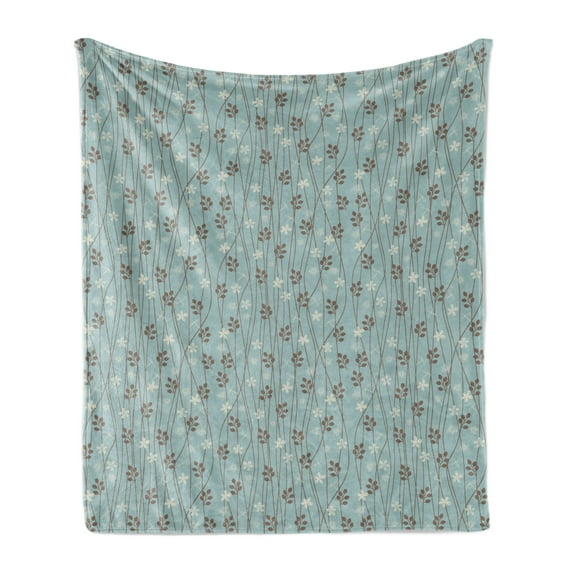 Vintage Soft Flannel Fleece Throw Blanket, Floral Rustic Composition with Blossoming Branches Wildflowers Garden, Cozy Plush for Indoor and Outdoor Use, 70" x 90", Pale Blue Cream Umber, by Ambesonne