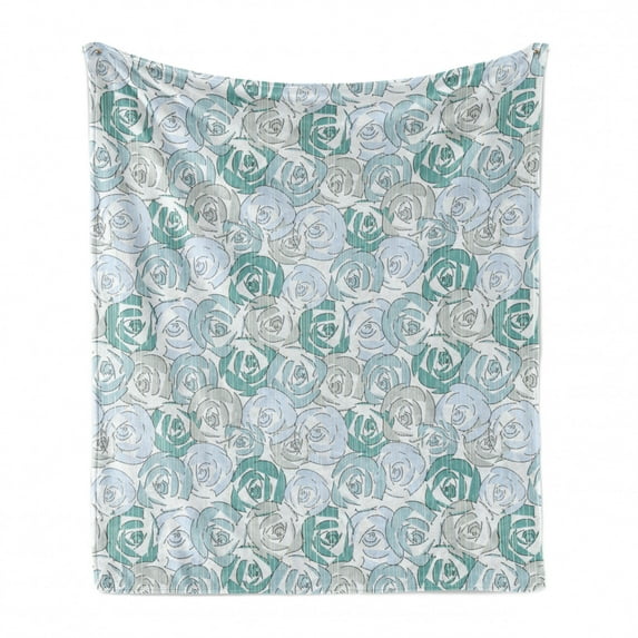Vintage Soft Flannel Fleece Throw Blanket, Floral Theme Pale Roses Cuts by Stripes Blooming Flowers, Cozy Plush for Indoor and Outdoor Use, 70" x 90", Baby Blue Pale Teal, by Ambesonne