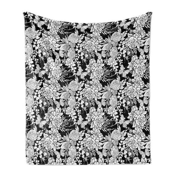 Vintage Soft Flannel Fleece Throw Blanket, Floral Theme Roses and Insects Butterfly Botanical Leaves Image, Cozy Plush for Indoor and Outdoor Use, 50" x 60", Charcoal Grey White, by Ambesonne