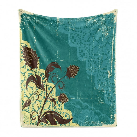 Vintage Soft Flannel Fleece Throw Blanket, Flower Arrangement Lacework Old Aged Distressed Antique Display, Cozy Plush for Indoor and Outdoor Use, 50" x 60", Pale Yellow Dark Brown, by Ambesonne