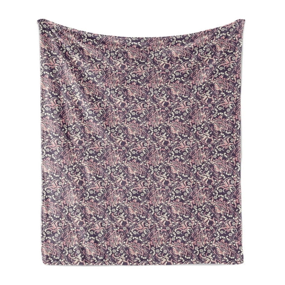 Vintage Soft Flannel Fleece Throw Blanket, Flowers Damask Inspired Curly Romantic Motifs, Cozy Plush for Indoor and Outdoor Use, 60" x 80", Eggplant Coral Beige, by Ambesonne