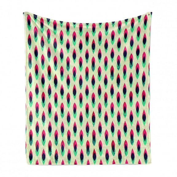 Vintage Soft Flannel Fleece Throw Blanket, Geometric Retro Style Curve Pattern Grunge Style Traditional Design, Cozy Plush for Indoor and Outdoor Use, 70" x 90", Blue Red and Cream, by Ambesonne