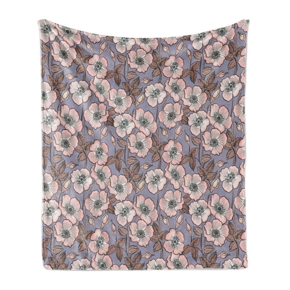 Vintage Soft Flannel Fleece Throw Blanket, Graceful Nature Theme Bedding Plant Poppies Buds with Look French Garden, Cozy Plush for Indoor and Outdoor Use, 70" x 90", Mauve Blush, by Ambesonne