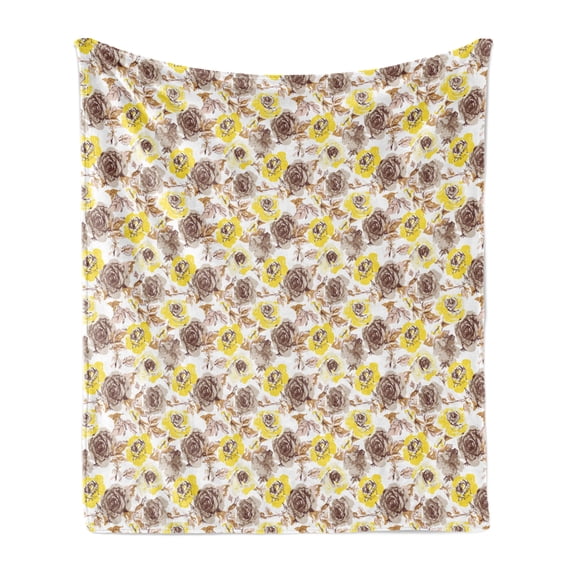 Vintage Soft Flannel Fleece Throw Blanket, Grungy Looking Roses Feminine Vintage Flourish Romantic Nature Revival, Cozy Plush for Indoor and Outdoor Use, 60" x 80", Yellow Beige Brown, by Ambesonne