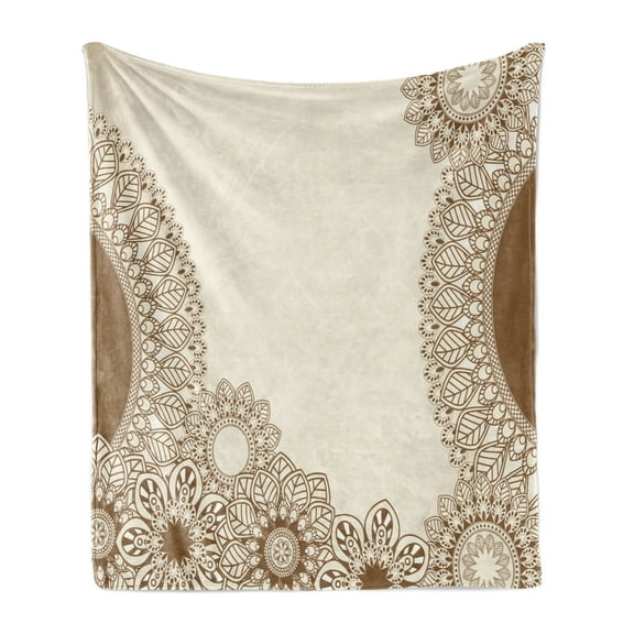 Vintage Soft Flannel Fleece Throw Blanket, Hand Drawing Style Old Fashioned Mandala Blossoming Nature Inspired Motifs, Cozy Plush for Indoor and Outdoor Use, 60" x 80", Caramel Tan, by Ambesonne
