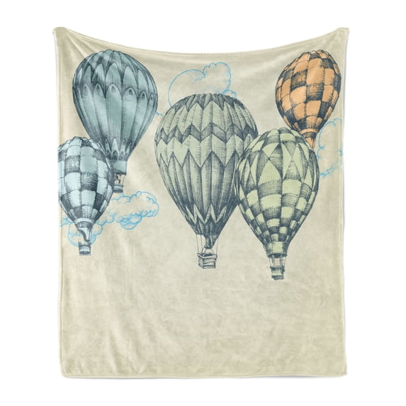 Vintage Soft Flannel Fleece Throw Blanket, Hot Air Balloons in Soft Tones Fly in the Sky Air High Tourism Design Print, Cozy Plush for Indoor and Outdoor Use, 60" x 80", Green Blue, by Ambesonne