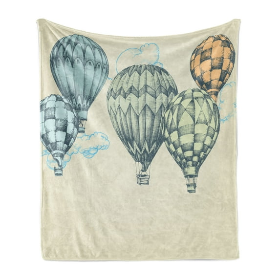 Vintage Soft Flannel Fleece Throw Blanket, Hot Air Balloons in Soft Tones Fly in the Sky Air High Tourism Design Print, Cozy Plush for Indoor and Outdoor Use, 70" x 90", Green Blue, by Ambesonne