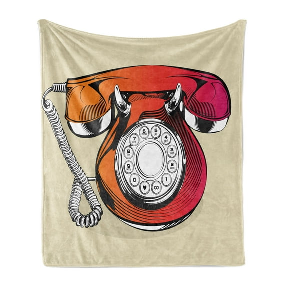 Vintage Soft Flannel Fleece Throw Blanket, Illustration of a Classic Retro Telephone with Numbers Vintage Art Design Print, Cozy Plush for Indoor and Outdoor Use, 50" x 70", Beige Red, by Ambesonne
