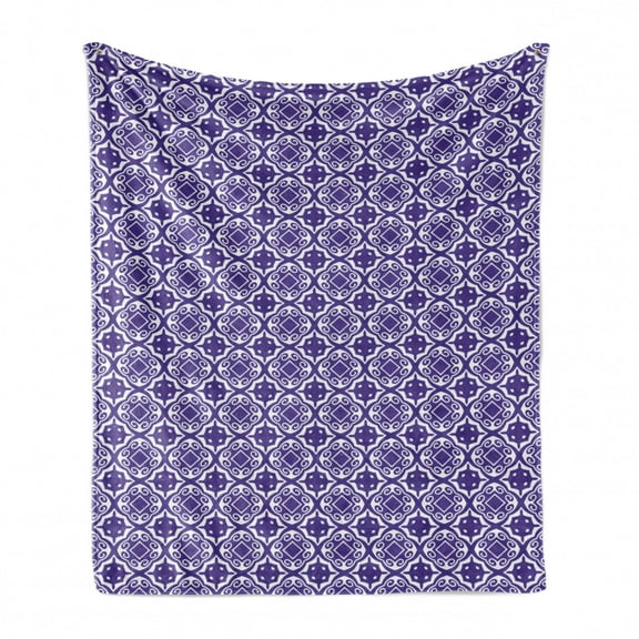 Vintage Soft Flannel Fleece Throw Blanket, Illustration of Geometric Motifs Repeating Classical, Cozy Plush for Indoor and Outdoor Use, 50" x 70", Blue Violet White, by Ambesonne