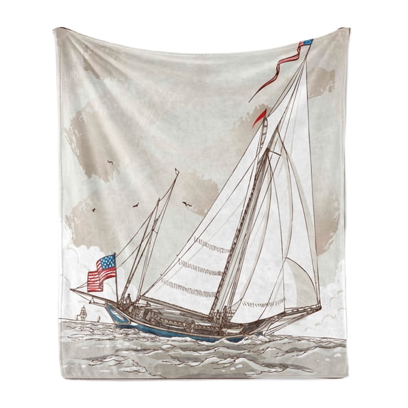 Vintage Soft Flannel Fleece Throw Blanket, Illustration of a Retro View of Antique American Yacht with Flags Ocean, Cozy Plush for Indoor and Outdoor Use, 50" x 60", Pale Grey Tan White, by Ambesonne