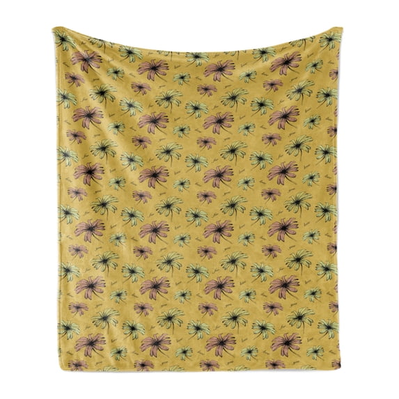 Vintage Soft Flannel Fleece Throw Blanket, Love Flowers on Dots in Faded Colors, Cozy Plush for Indoor and Outdoor Use, 70" x 90", Dark Yellow Multicolor, by Ambesonne