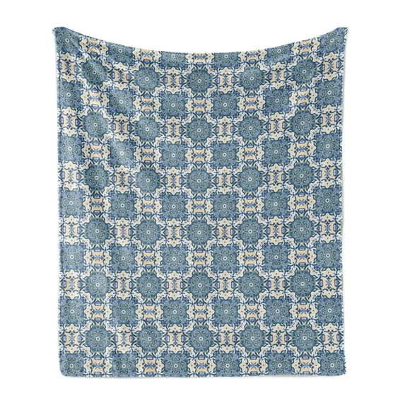 Vintage Soft Flannel Fleece Throw Blanket, Mandala Style Floral Pattern Repeating Form, Cozy Plush for Indoor and Outdoor Use, 70" x 90", Reseda Green Baby Blue, by Ambesonne
