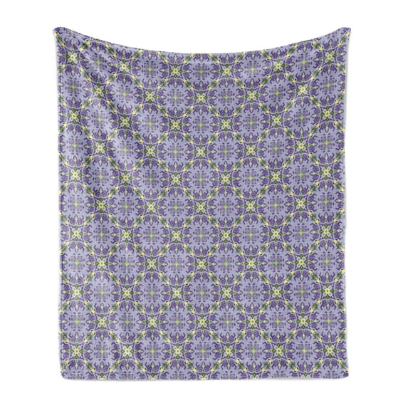 Vintage Soft Flannel Fleece Throw Blanket, Mandala Style Ornate Floral Motifs Pattern Oriental Tile Artwork, Cozy Plush for Indoor and Outdoor Use, 50" x 60", Purple Lilac Green, by Ambesonne