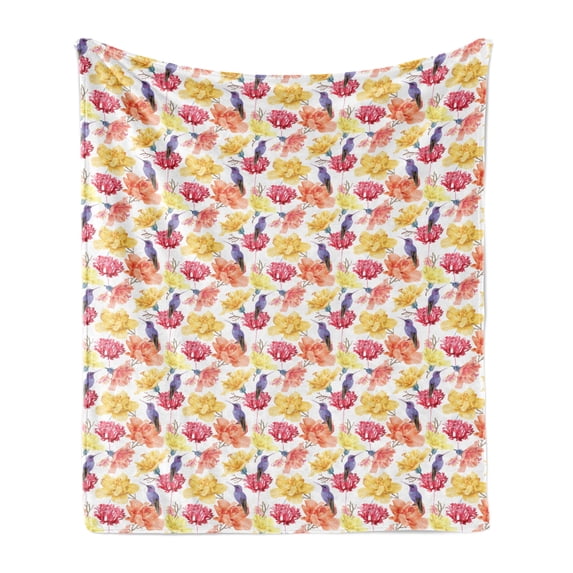 Vintage Soft Flannel Fleece Throw Blanket, Nostalgic Colorful Exotic Flowers Bloom and Hummingbirds, Cozy Plush for Indoor and Outdoor Use, 50" x 70", Salmon Blue Violet, by Ambesonne