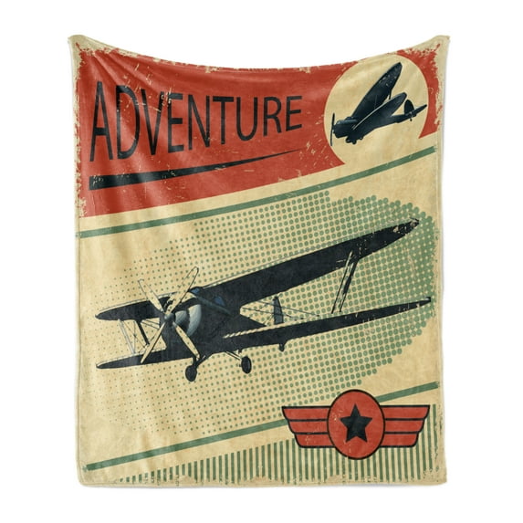 Vintage Soft Flannel Fleece Throw Blanket, Nostalgic Small on Dotted Grunge Backdrop Epic Adventure Airpark Plane Graphic, Cozy Plush for Indoor and Outdoor Use, 50" x 60", Multicolor, by Ambesonne