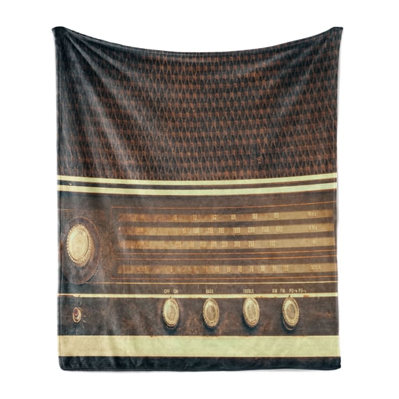Vintage Soft Flannel Fleece Throw Blanket, Old Antique Retro 60s Style Radio Music Player Loudspeakers Buttons Image, Cozy Plush for Indoor and Outdoor Use, 50" x 60", Brown and White, by Ambesonne