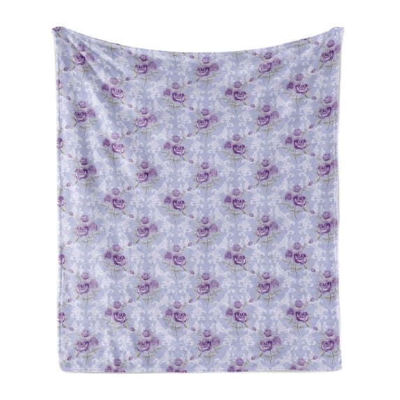 Vintage Soft Flannel Fleece Throw Blanket, Old Fashioned Pattern with Antique Wavy Lines and Posies of Roses, Cozy Plush for Indoor and Outdoor Use, 50" x 60", Pale Blue Lavender, by Ambesonne