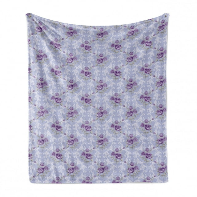 Vintage Soft Flannel Fleece Throw Blanket, Old Fashioned Pattern with Antique Wavy Lines and Posies of Roses, Cozy Plush for Indoor and Outdoor Use, 60" x 80", Pale Blue Lavender, by Ambesonne