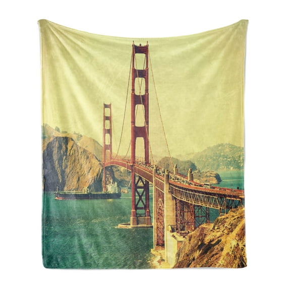 Vintage Soft Flannel Fleece Throw Blanket, Old Film Featured Golden Gate Bridge Suspension Urban Path Construction Scenery, Cozy Plush for Indoor and Outdoor Use, 70" x 90", Blue Brown, by Ambesonne
