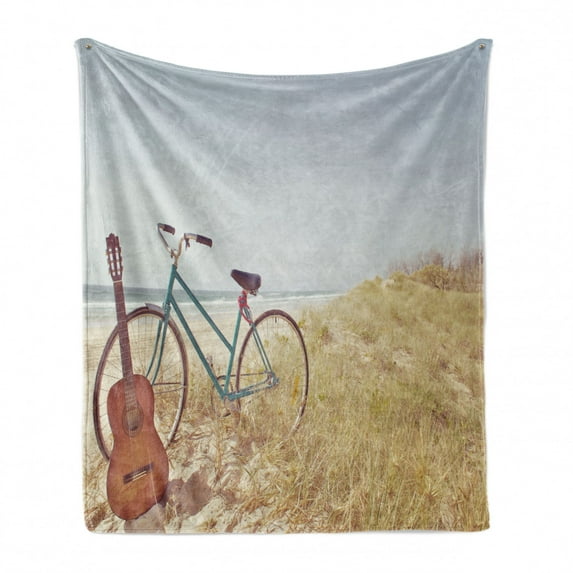 Vintage Soft Flannel Fleece Throw Blanket, Old Guitard a Vintage Bike Standing in the Beach Vacation Enjoy Summer Photo Art, Cozy Plush for Indoor and Outdoor Use, 60" x 80", Blue, by Ambesonne