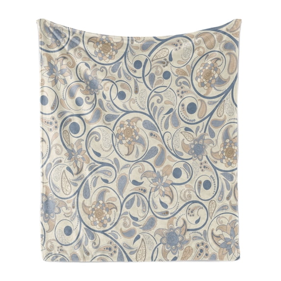 Vintage Soft Flannel Fleece Throw Blanket, Oriental Scroll with Swirling Leaves with Eastern Design Inspirations, Cozy Plush for Indoor and Outdoor Use, 50" x 60", Slate Blue Beige Tan, by Ambesonne