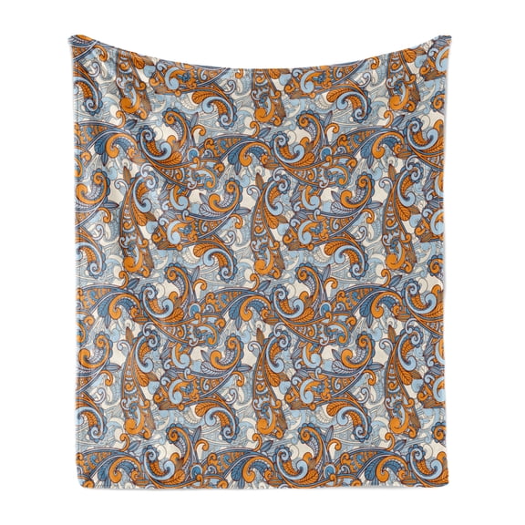 Vintage Soft Flannel Fleece Throw Blanket, Paisley Inspired Swirls Curls Floral Abstract Botanical Oriental, Cozy Plush for Indoor and Outdoor Use, 50" x 60", Orange Pale Blue Cream, by Ambesonne