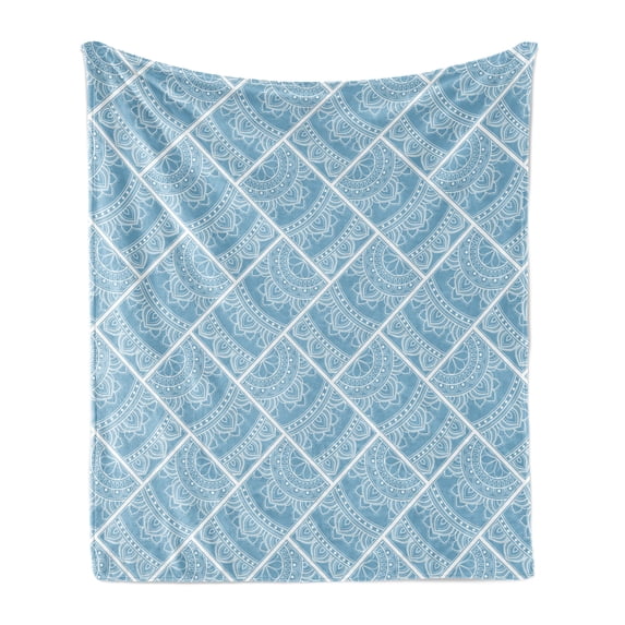 Vintage Soft Flannel Fleece Throw Blanket, Paisley Style Bicolored Curvy Leaves Floral Motifs Pattern, Cozy Plush for Indoor and Outdoor Use, 50" x 60", Pale Slate Blue White, by Ambesonne