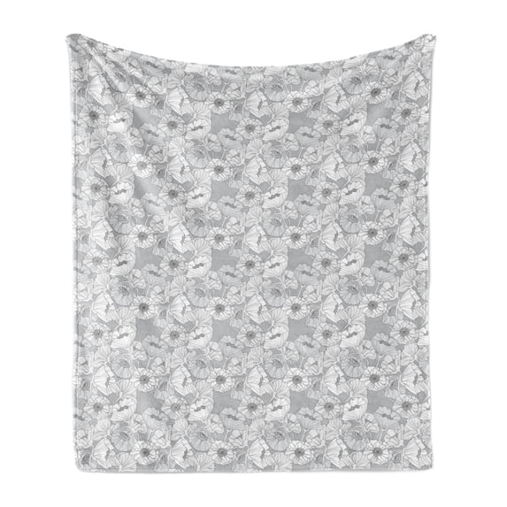 Vintage Soft Flannel Fleece Throw Blanket, Pattern of Blooming Poppy Flowers in Greyscale Tones Botanical Art, Cozy Plush for Indoor and Outdoor Use, 70" x 90", Pale Taupe Charcoal Grey, by Ambesonne