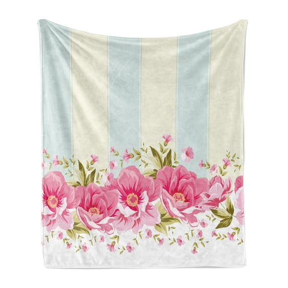 Vintage Soft Flannel Fleece Throw Blanket, Pink Peony Border on Vertical Striped Tile Bridal Wedding Design, Cozy Plush for Indoor and Outdoor Use, 60" x 80", Pale Pink Pale Blue, by Ambesonne