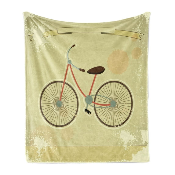 Vintage Soft Flannel Fleece Throw Blanket, Postcard of a Retro Bicycle on Grunge Background Illustration Artwork Print, Cozy Plush for Indoor and Outdoor Use, 50" x 60", Brown and Khaki, by Ambesonne