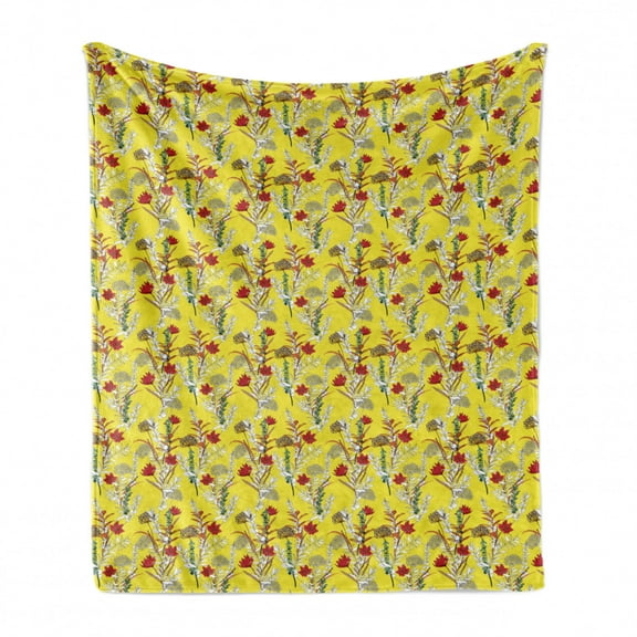 Vintage Soft Flannel Fleece Throw Blanket, Repeating Botanical Pattern with Design Flowers and Leafy Herbs, Cozy Plush for Indoor and Outdoor Use, 50" x 60", Yellow and Multicolor, by Ambesonne