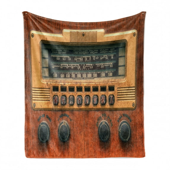 Vintage Soft Flannel Fleece Throw Blanket, Retro Antique Radio Music Player Enjoyment Holiday Theme Artwork Print, Cozy Plush for Indoor and Outdoor Use, 50" x 60", Brown Ecru, by Ambesonne