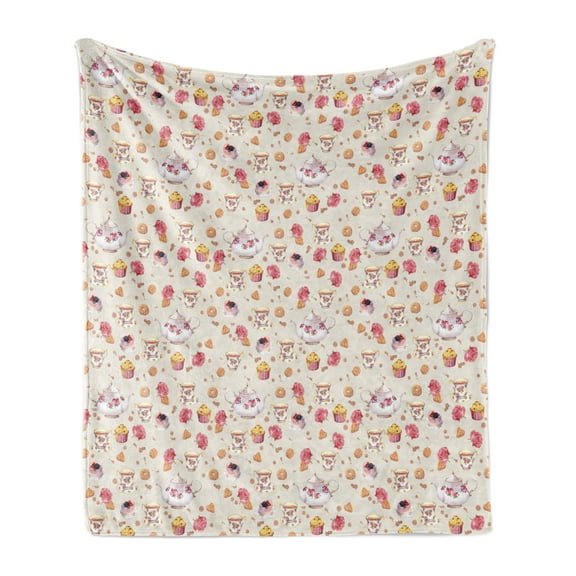 Vintage Soft Flannel Fleece Throw Blanket, Vintage Retro Antique Tea Cups and Teapots Art Pattern Image, Cozy Plush for Indoor and Outdoor Use, 70" x 90", Dark Coral Pale Pink, by Ambesonne